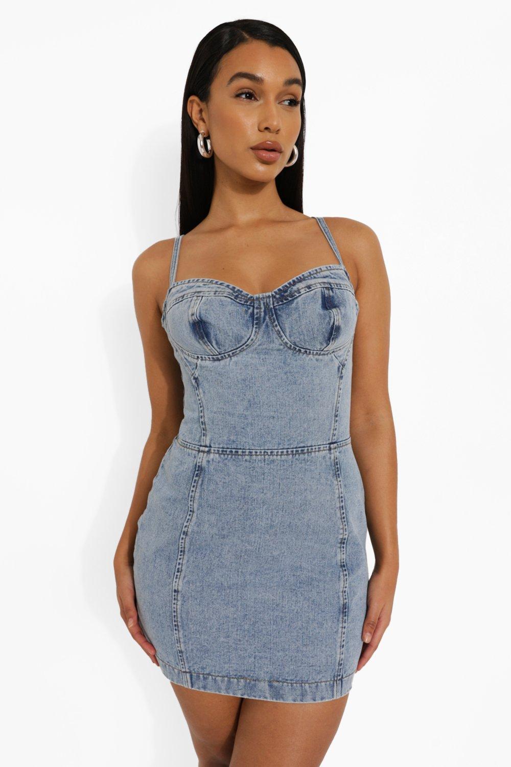 Women s Acid Wash Cupped Bodycon Denim Mini Dress Boohoo UK